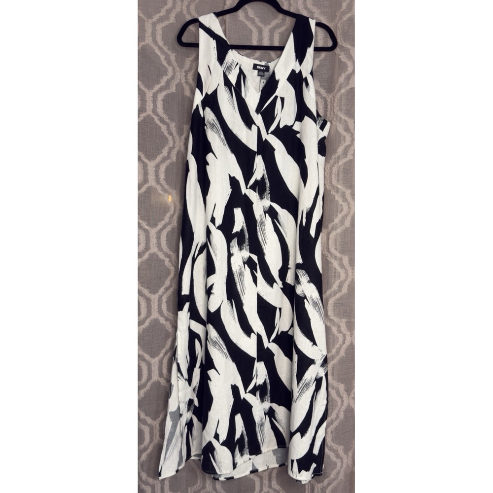 DKNY Dress Abstract Linen Womens L Black White Midi Resort Casual